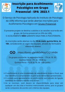 Inscrição para Acolhimento Psicológico em GRUPO PRESENCIAL ADULTOS no SPA