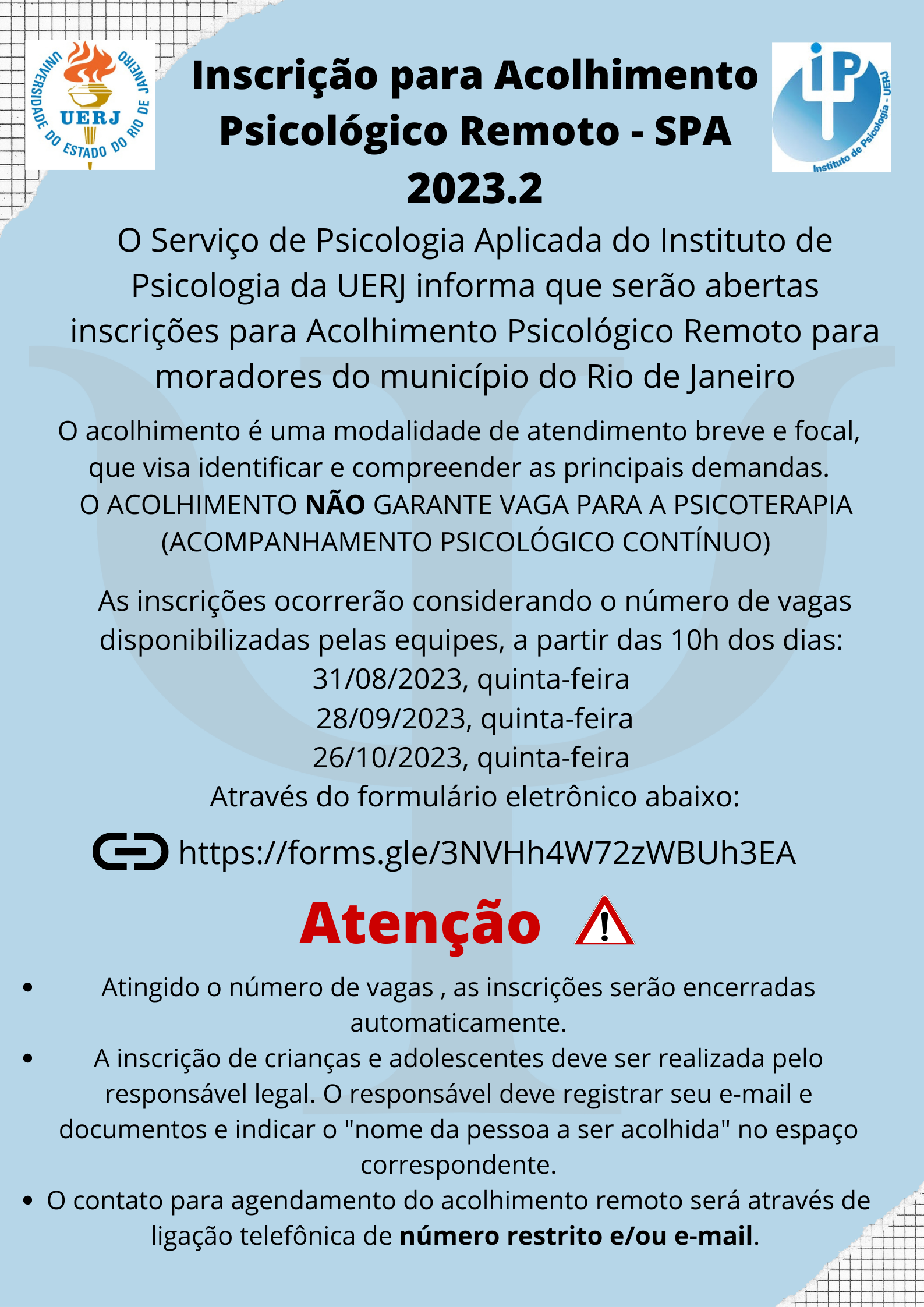 Inscrição para acolhimento psicológico – Setembro e Outubro