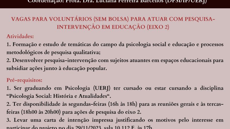 Projeto “Psicologia Sócio-Histórico-Cultural e Educação Popular: Entre Redes e Travessias” seleciona voluntários